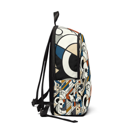 Side view of the Chic Abstract Fusion Backpack, showcasing its chic cartoon-inspired design and sophisticated colour palette, perfect for contemporary fashion.