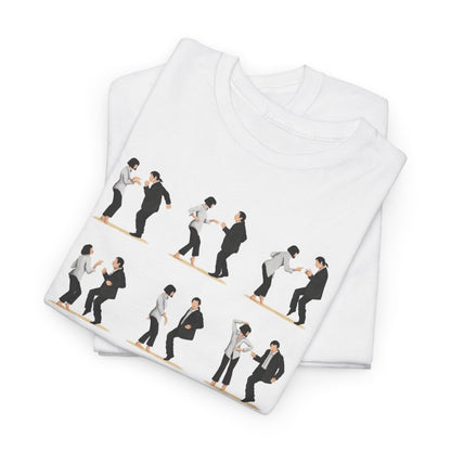 Pulp Fiction Dance Funny Gift Men's Women's Graphic T-Shirt Unisex Cotton Urban displayed in a stylish arrangement, showcasing playful illustrations of famous dance scenes, perfect for fans of classic cinema.