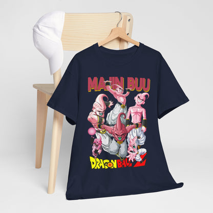 Chic navy blue T-shirt elegantly displayed on a wooden chair, adorned with colourful Majin Buu character designs from Dragon Ball Z, capturing the essence of fashionable anime culture.