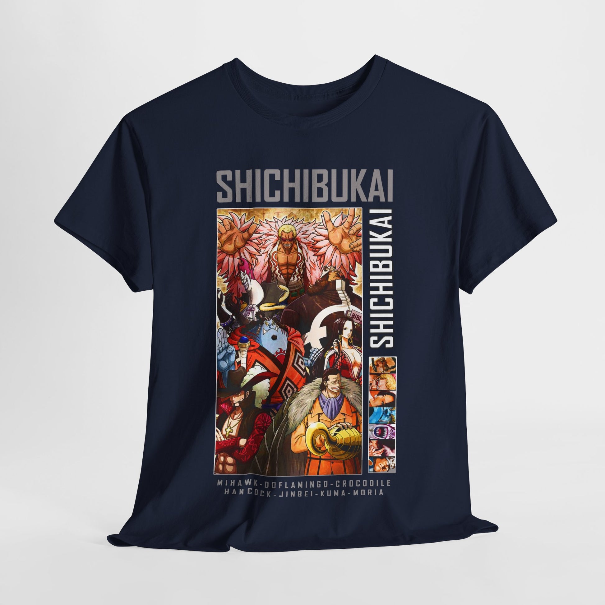 Luxury One Piece Shichibukai T-shirt featuring vivid character graphics, perfect for anime enthusiasts.