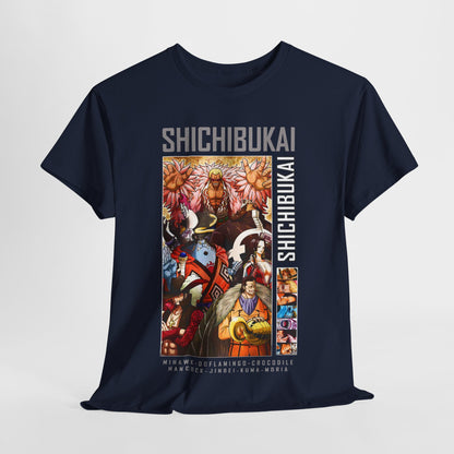 Luxury One Piece Shichibukai T-shirt featuring vivid character graphics, perfect for anime enthusiasts.
