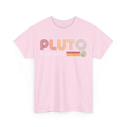 PLUTO Retro Graphic Unisex T-Shirt in Soft Cotton - Showcasing a vintage celestial design with the name 'PLUTO' and the years '1930-2006' in vibrant colours, perfect for cosmic enthusiasts.