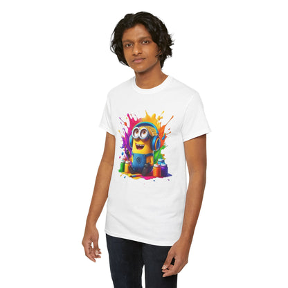 A stylish male model wearing a white t-shirt featuring an artistic Minion print, complemented by a sophisticated pose, capturing the essence of contemporary fashion.