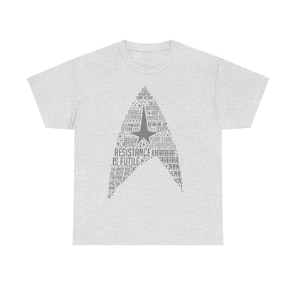 Luxury Star Trek Federation Logo Art Graphic Unisex T-Shirt Tee in heather grey, featuring iconic phrases from the series artistically arranged in a starship silhouette.