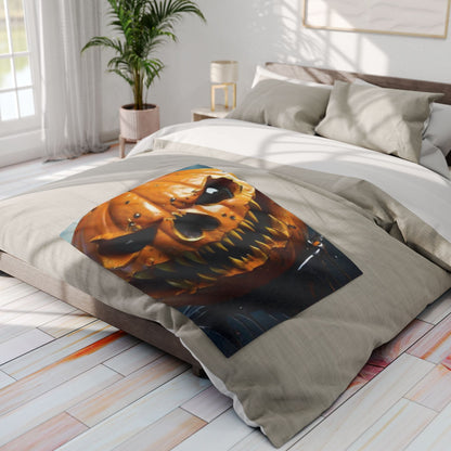 Luxurious Decorative and Warm Halloween Spooky Arctic Fleece Blanket spread across a tasteful bed, featuring vibrant pumpkin artwork, ideal for enhancing your autumn ambiance with elegance.