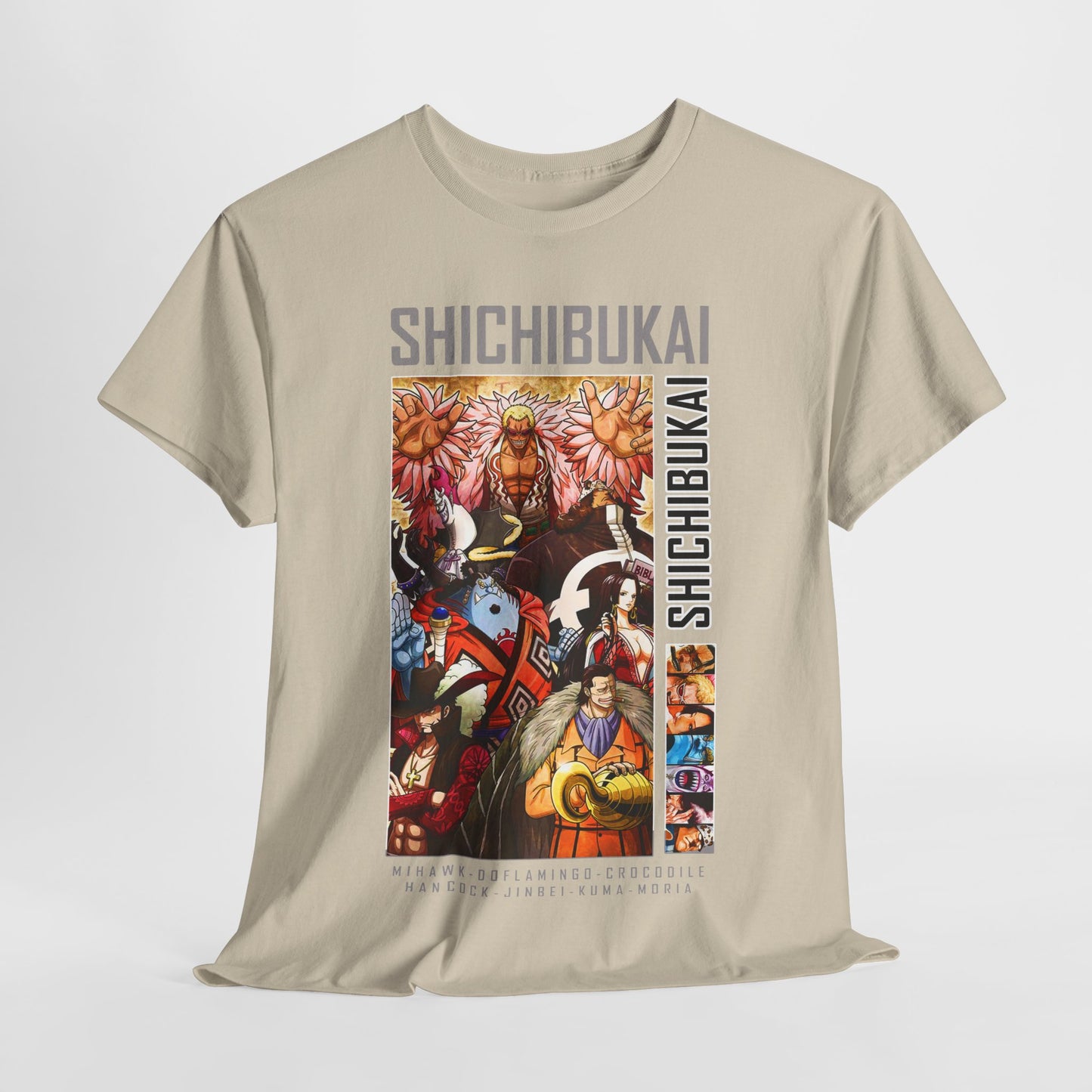Elegantly designed One Piece Shichibukai men's T-shirt in beige, featuring an intricate graphic of iconic characters from the anime, ideal for dedicated fans.