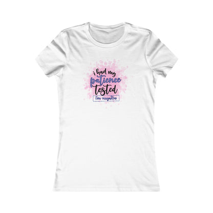 Whimsical graphic design featuring 'I Had My Patience Tested' on a women's t-shirt - a humorous expression of mood that showcases playful lettering and vibrant colours.