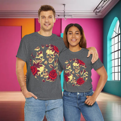 Model couple wearing the Skulls and Roses Cotton Tee, elegantly showcasing the unique design, ideal for fashion-forward individuals.