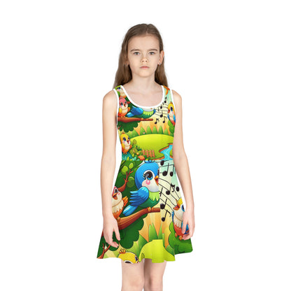 Luxurious Isabella Bambino Girls' Summer Sundress by Dazzling Dreams Studio, featuring whimsical cartoon birds and vibrant floral patterns, perfect for sunny outings.