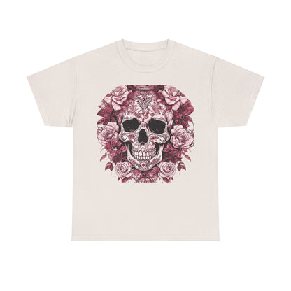 Refined Skulls and Roses Cotton Tee in cream showcasing an artistic design of skulls surrounded by roses, ideal for standout casual wear.