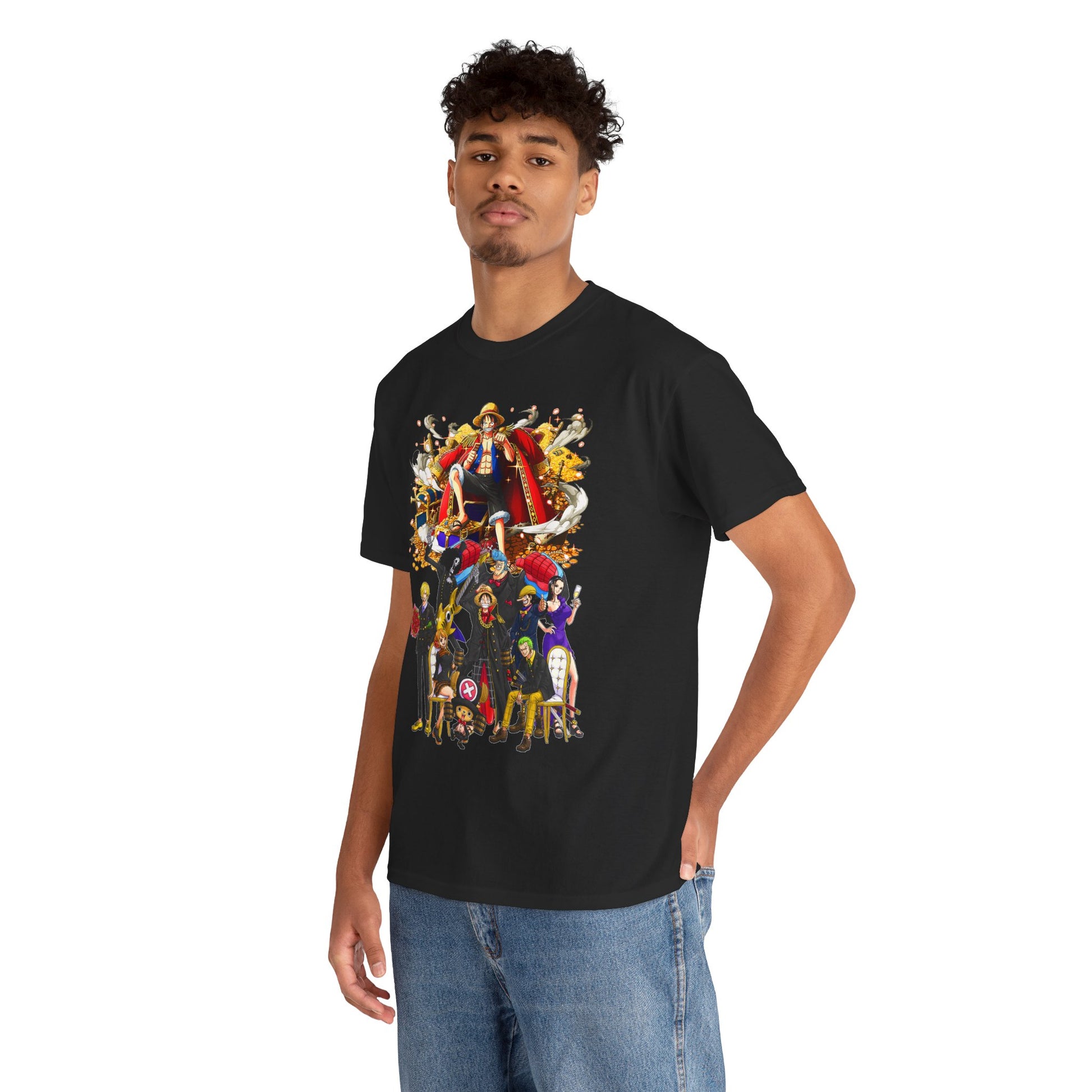 Men's luxury graphic t-shirt featuring vibrant anime art showcasing a charismatic crew, perfect for fashion enthusiasts.