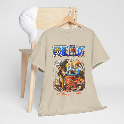 Stylish One Piece t-shirt elegantly displayed on wooden chair with a matching cap, showcasing the striking Trafalgar Law design, ideal for casual luxury.