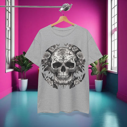 Navy Skulls and Roses Cotton Tee elegantly displayed, featuring a bold graphic design of skulls and roses, ideal for unique style enthusiasts.