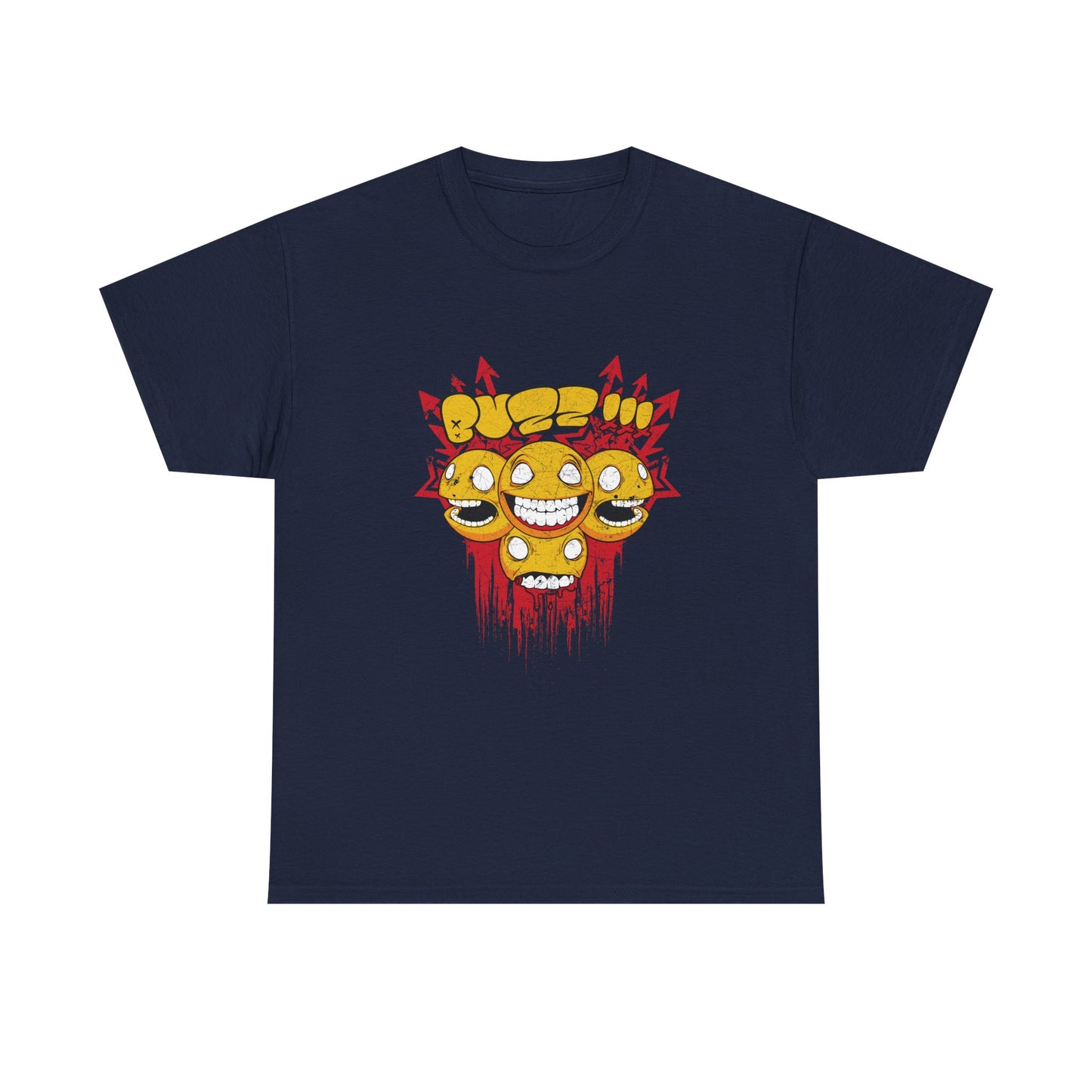 Chic men's t-shirt in navy showcasing a bold graphic of joyful smiley faces combined with edgy design details, ideal for artistic expressions.