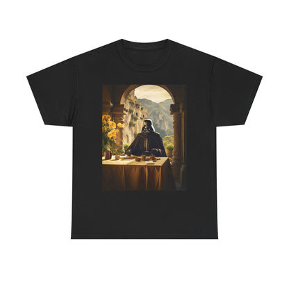 Sophisticated black unisex t-shirt showcasing a detailed print of Darth Vader in a tranquil Mediterranean ambiance, seated at a table adorned with flowers and delicacies, blending iconic character with casual luxury.