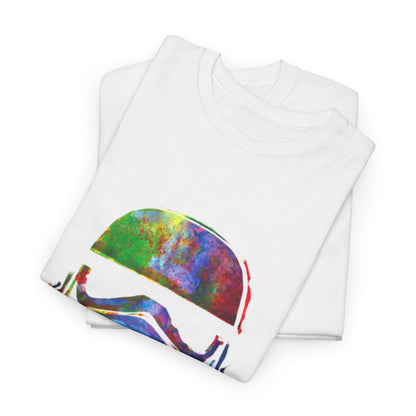 Stylishly folded white t-shirts showcasing a vivid Stormtrooper helmet graphic, ideal for casual wear with a touch of artistic flair.