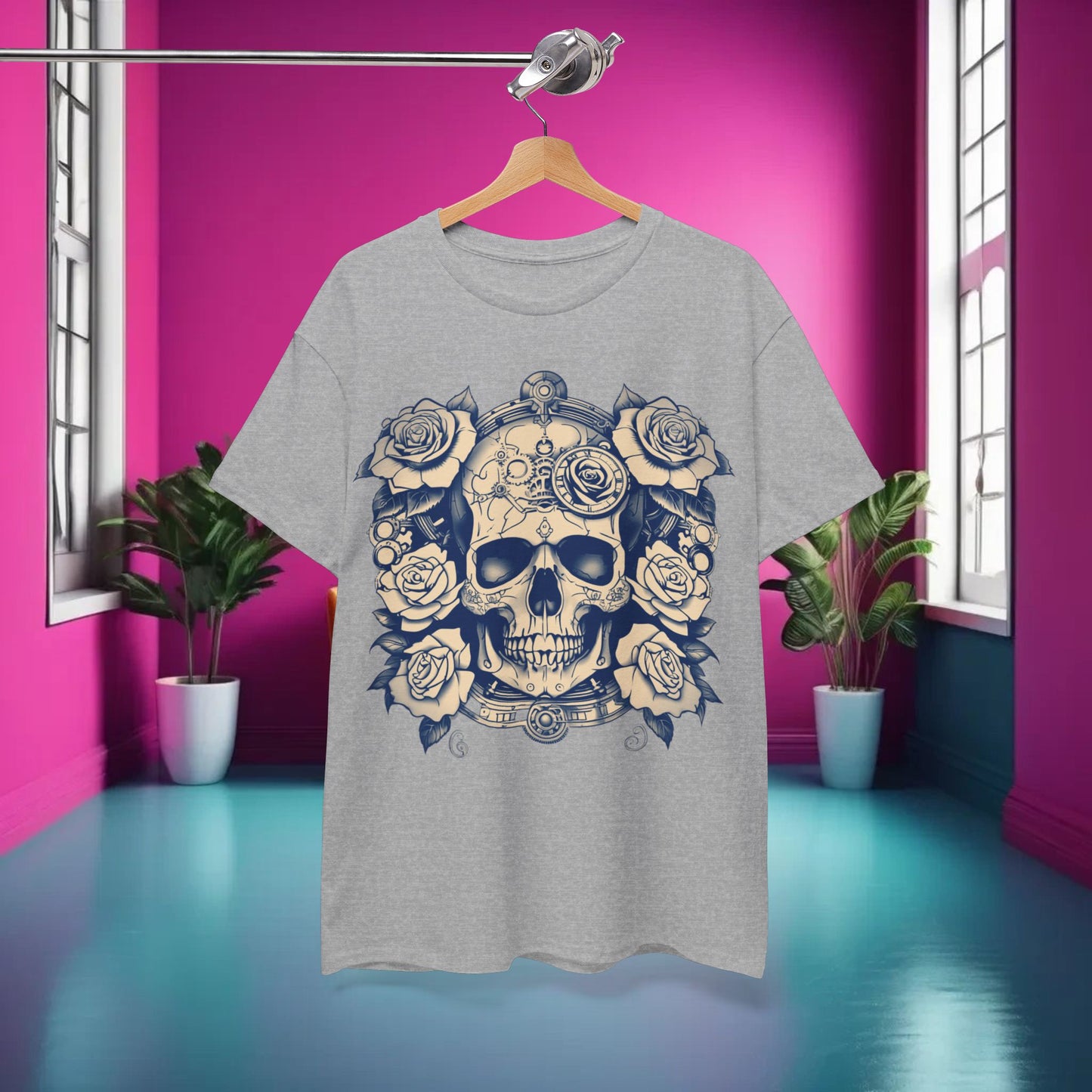 Skulls and Roses Cotton Tee, Unisex Graphic Shirt, 7 color choice