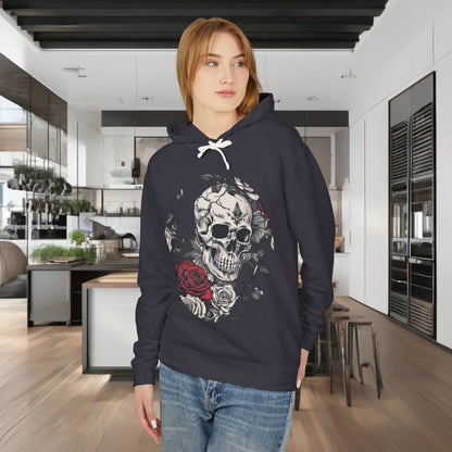 Unisex Lightweight Hooded Sweatshirt featuring a unique designer skull and roses print, showcasing edgy elegance and individuality. Perfect for stylish layering in contemporary settings.