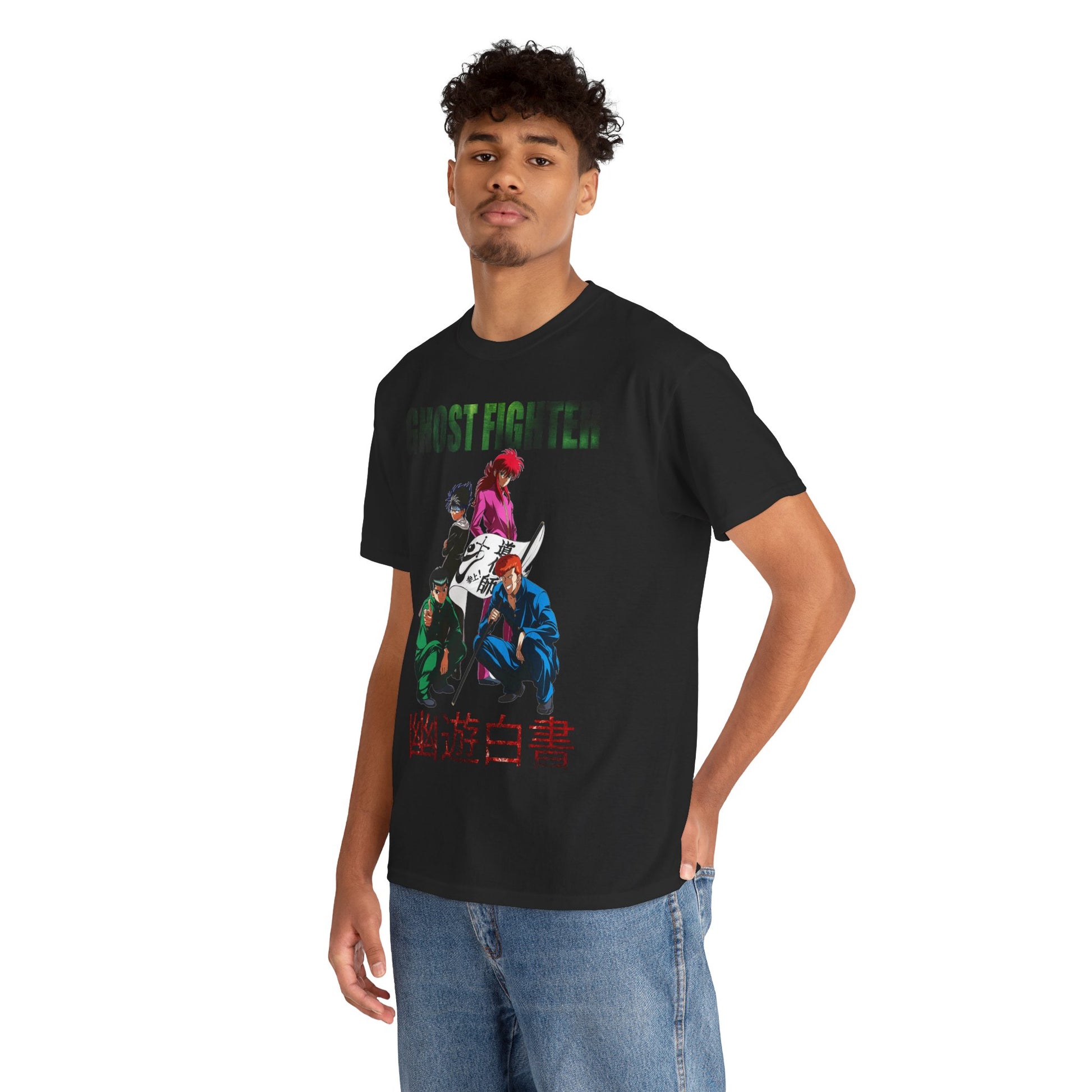 Stylish male model showcasing the Ghost Fighter graphic t-shirt, featuring vibrant anime-inspired artwork with intense character illustrations, perfect for anime enthusiasts.