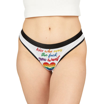 Luxurious women's thong underwear featuring a playful graphic design with vibrant rainbow text that reads, 'Kiss who ever the fuck you want,' complemented by a heart motif, perfect for adding a cheeky touch to romantic occasions.
