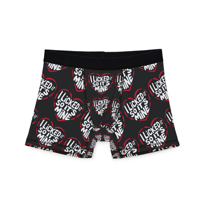 Valentines Naughty Cheeky Mens Boxer Briefs featuring a fun heart graphic and the phrase 'I LICKED IT SO IT'S MINE', perfect for romantic occasions.