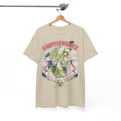 Sophisticated display of a Native American graphic t-shirt on a hanger, featuring a detailed wolf headdress design and artisan quality craftsmanship.