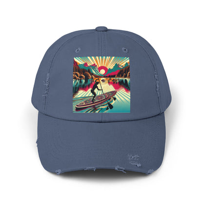 Unisex Distressed Paddleboarders Cap in blue with an eye-catching fantasy design, perfect for paddleboarding enthusiasts.