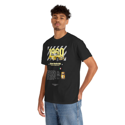 Fashionable male model wearing a luxury Aston Martin DB4 GT Zagato t-shirt, showcasing a striking yellow car graphic and 1960 text, perfect for car enthusiasts.