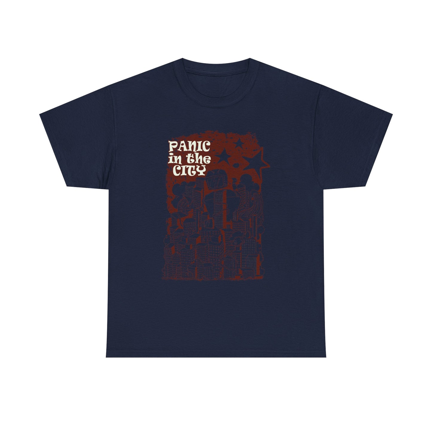 Lavish navy blue t-shirt showcasing bold 'Panic in the City' print, a sophisticated choice for stylish city dwellers.