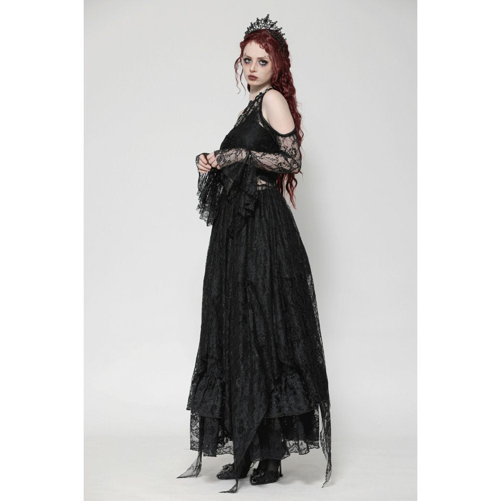 Full view of the Carys Black Gothic Dress against a dark backdrop, highlighting its glamorous lace construction and flowing silhouette with rhinestone accents.