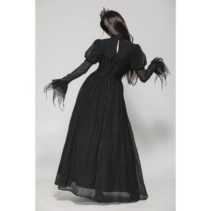 Back view of the Dark in Love Harlow Gothic Lace Maxi Dress, revealing the graceful flow and dramatic silhouette crafted from rich fabrics.