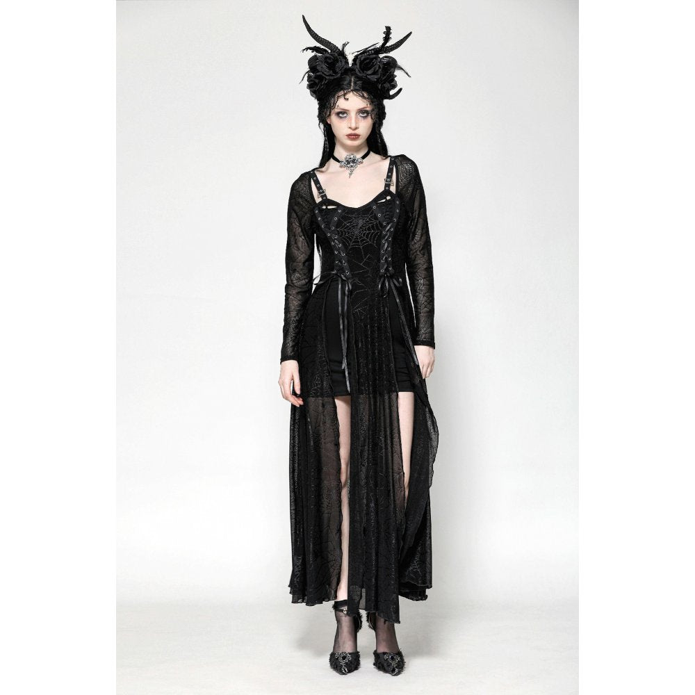 Gothic Elegance Long Dress featuring a sheer strappy top and intricate spider web print for a dramatic fashion statement.