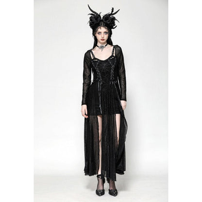 Gothic Elegance Long Dress featuring a sheer strappy top and intricate spider web print for a dramatic fashion statement.
