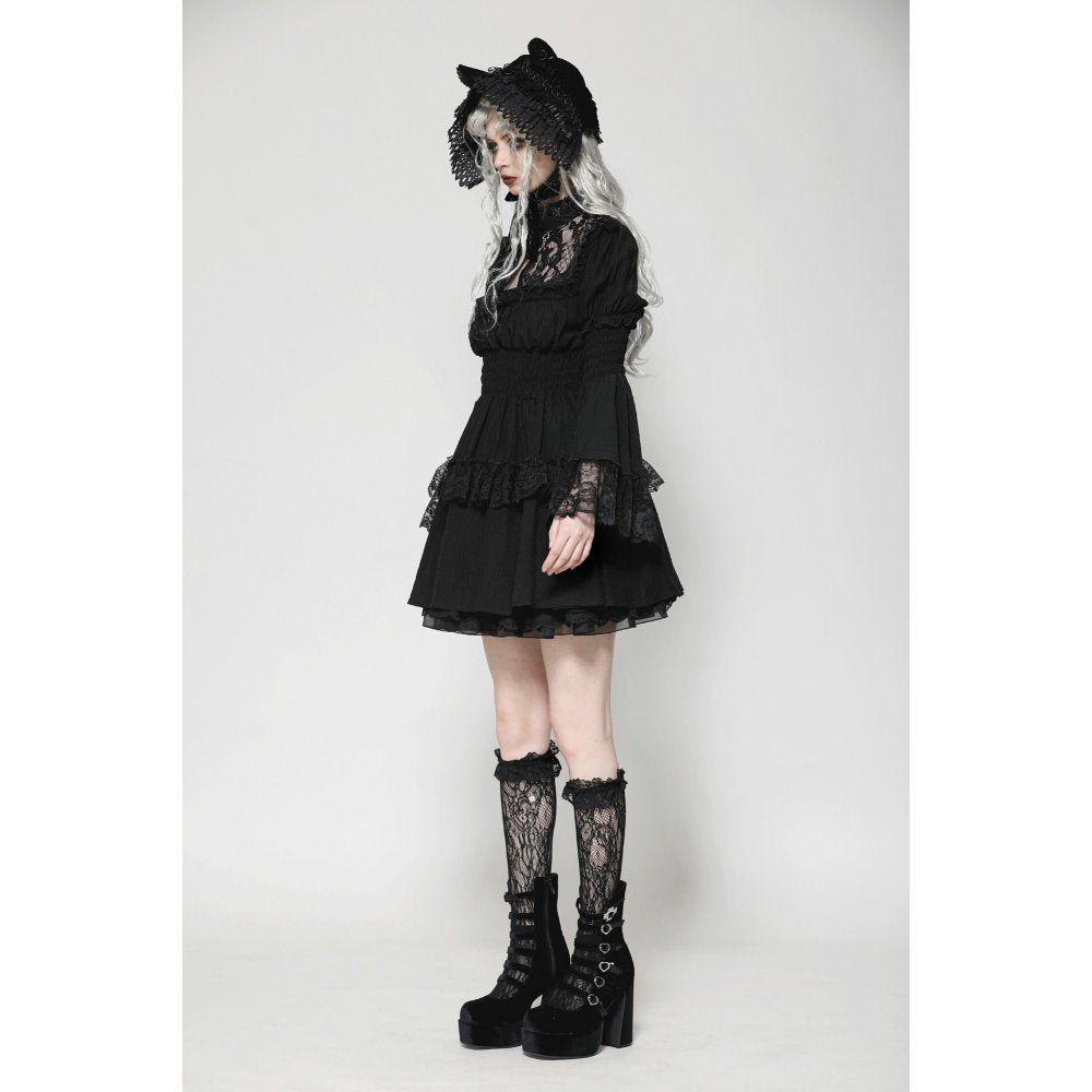 Full view of the Dark in Love Arya dress highlighting the asymmetrical ruffles and soft fabric combination, perfect for a Lolita fashion statement.