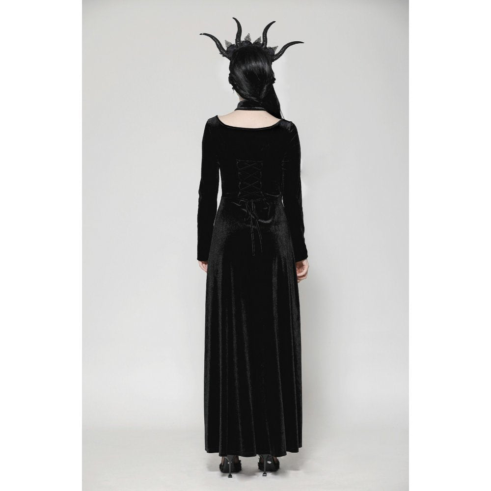 Elegant Dark in Love Vera Gothic High-Slit Maxi Dress in lush velvet showcasing a hollow neckline and intricate embroidered buttons.