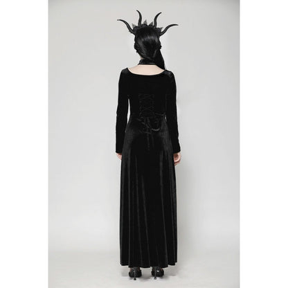 Elegant Dark in Love Vera Gothic High-Slit Maxi Dress in lush velvet showcasing a hollow neckline and intricate embroidered buttons.