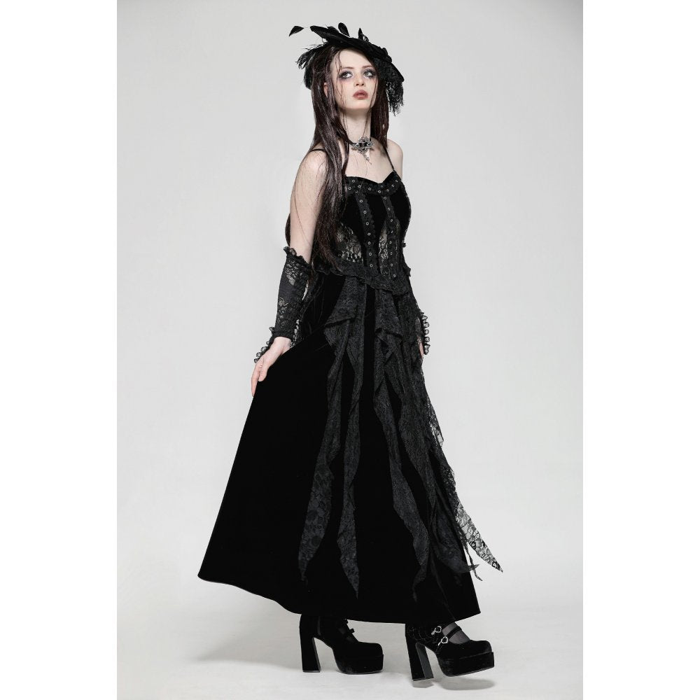 Full-length look at the Dark in Love Fia Gothic Maxi Dress, exuding elegance with its corseted waist and ethereal lace details, ideal for special occasions.