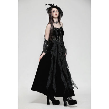Full-length look at the Dark in Love Fia Gothic Maxi Dress, exuding elegance with its corseted waist and ethereal lace details, ideal for special occasions.