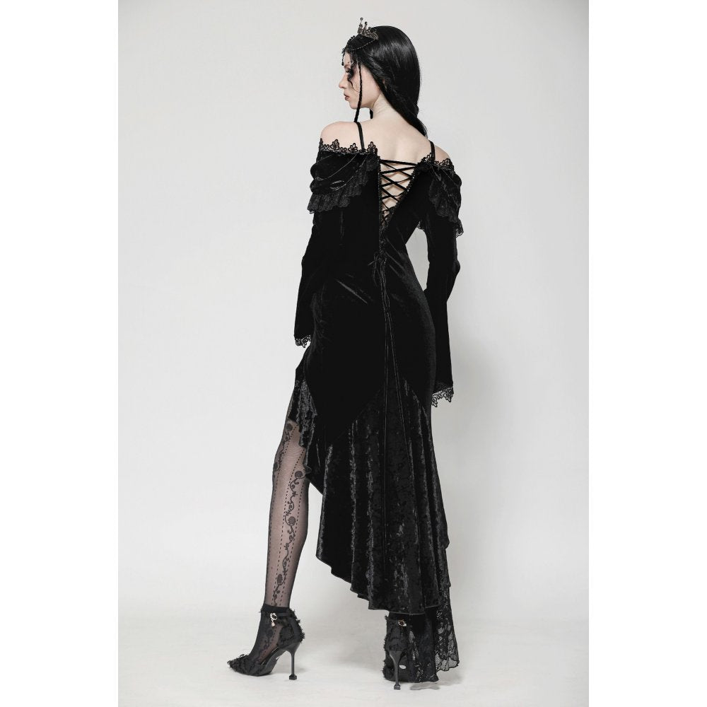 Elegant full view of the Gothic velvet dress, emphasising the mermaid silhouette and dramatic ruffle details.