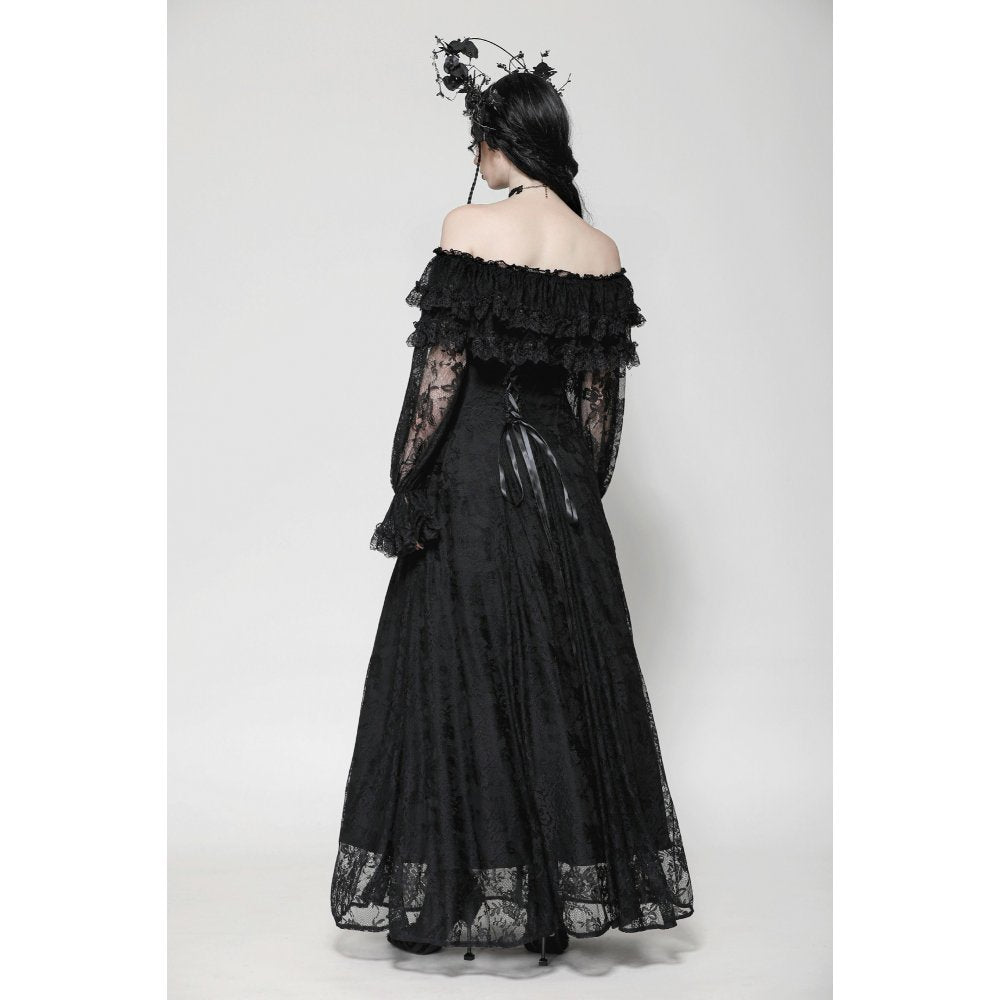Back view of Dark in Love Cosette Maxi Dress, featuring exquisite lace details and elegant silhouette, perfect for gothic luxe fashion.