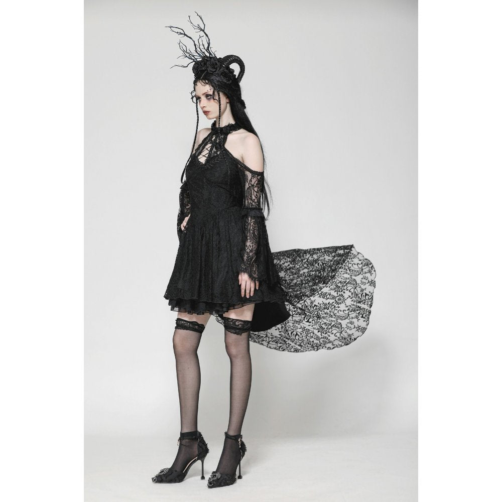 Styled outfit display of the Dark in Love Gem Gothic Vine Lace Tail Dress, creating a high-fashion look that embodies gothic elegance and luxury.