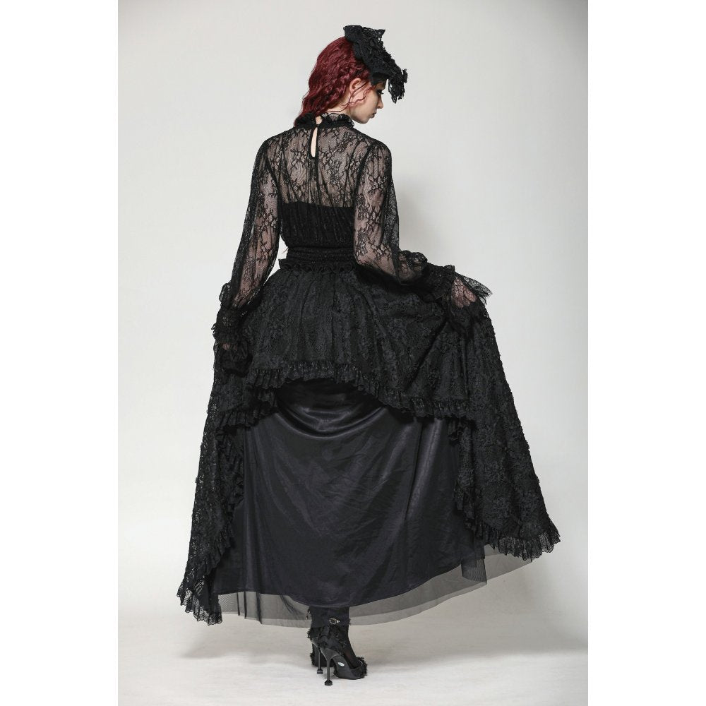 Flat lay of the Auifa black lace top with high-neck Victorian collar, showcasing the rich textures and luxurious fabric ideal for elevated gothic attire.