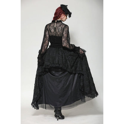 Flat lay of the Auifa black lace top with high-neck Victorian collar, showcasing the rich textures and luxurious fabric ideal for elevated gothic attire.