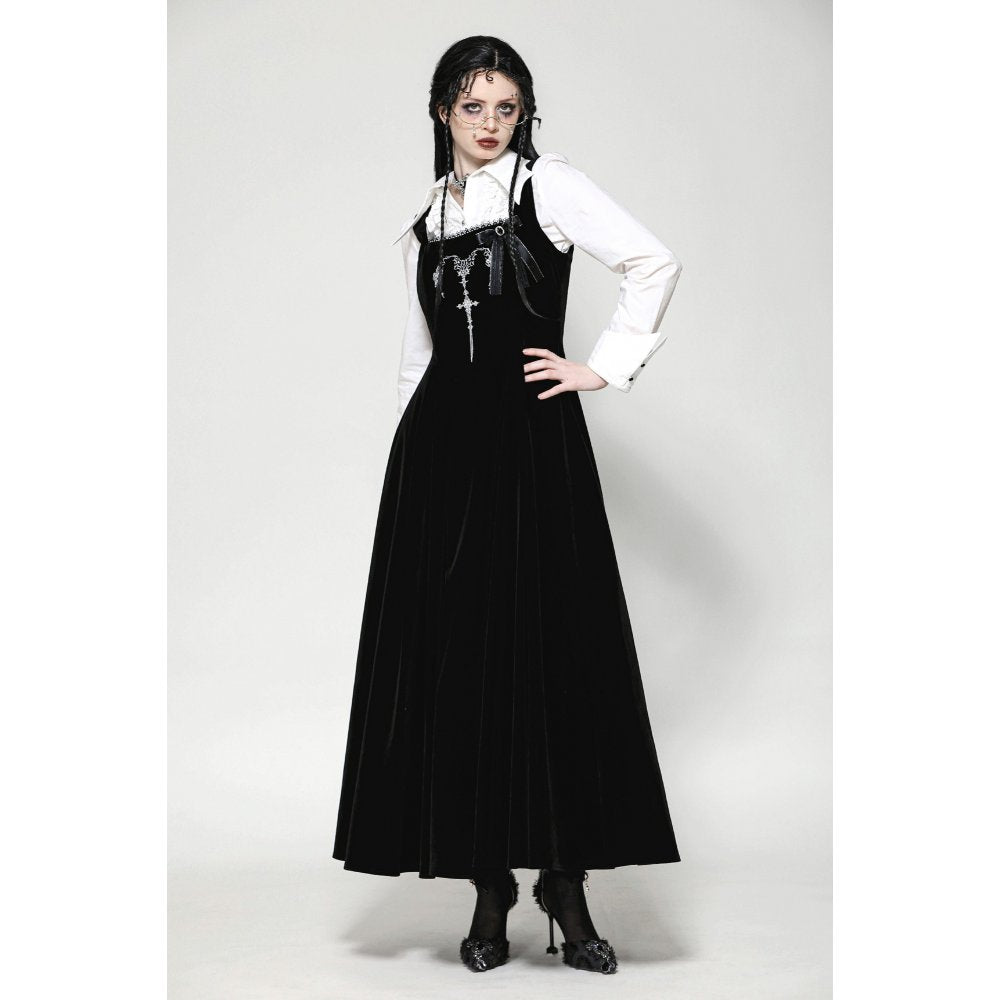 Full view of the Dark In Love Lux Black Velvet Maxi Dress, exuding elegance and gothic charm suitable for evening wear.