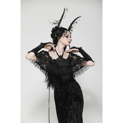 Full view of the elegant Dark in Love Alazne Dark Rose Layered Mermaid Maxi Dress styled for a special occasion, embodying a dark romantic aesthetic.