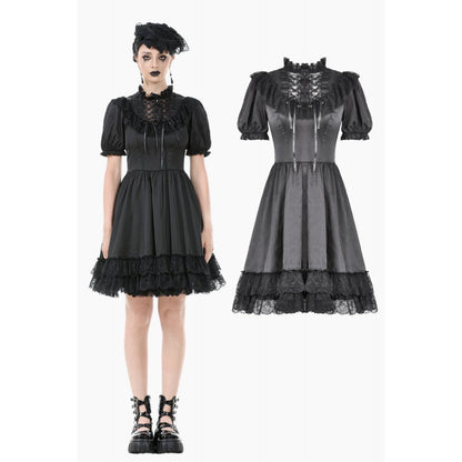 Elegant Dark in Love Belladonna Black Goth Dress featuring a high lace collar and dramatic puff sleeves, perfect for a gothic tea party or alternative fashion event.