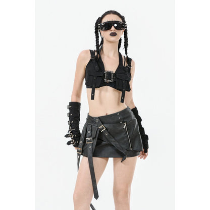 Back view of Dark In Love Evangeline Buckled Utility Crop Top highlighting adjustable straps and tailored bust fit for a chic gothic look.