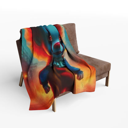 Decorative and Warm Halloween Pennywise IT Spooky Arctic Fleece Blanket draped gracefully over a stylish chair, adding a touch of elegance to Halloween decor.