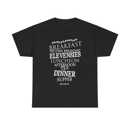Chic black t-shirt displaying the iconic hobbit meal times with sophisticated white typography, perfect for fans of the Lord of the Rings.