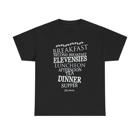 Chic black t-shirt displaying the iconic hobbit meal times with sophisticated white typography, perfect for fans of the Lord of the Rings.